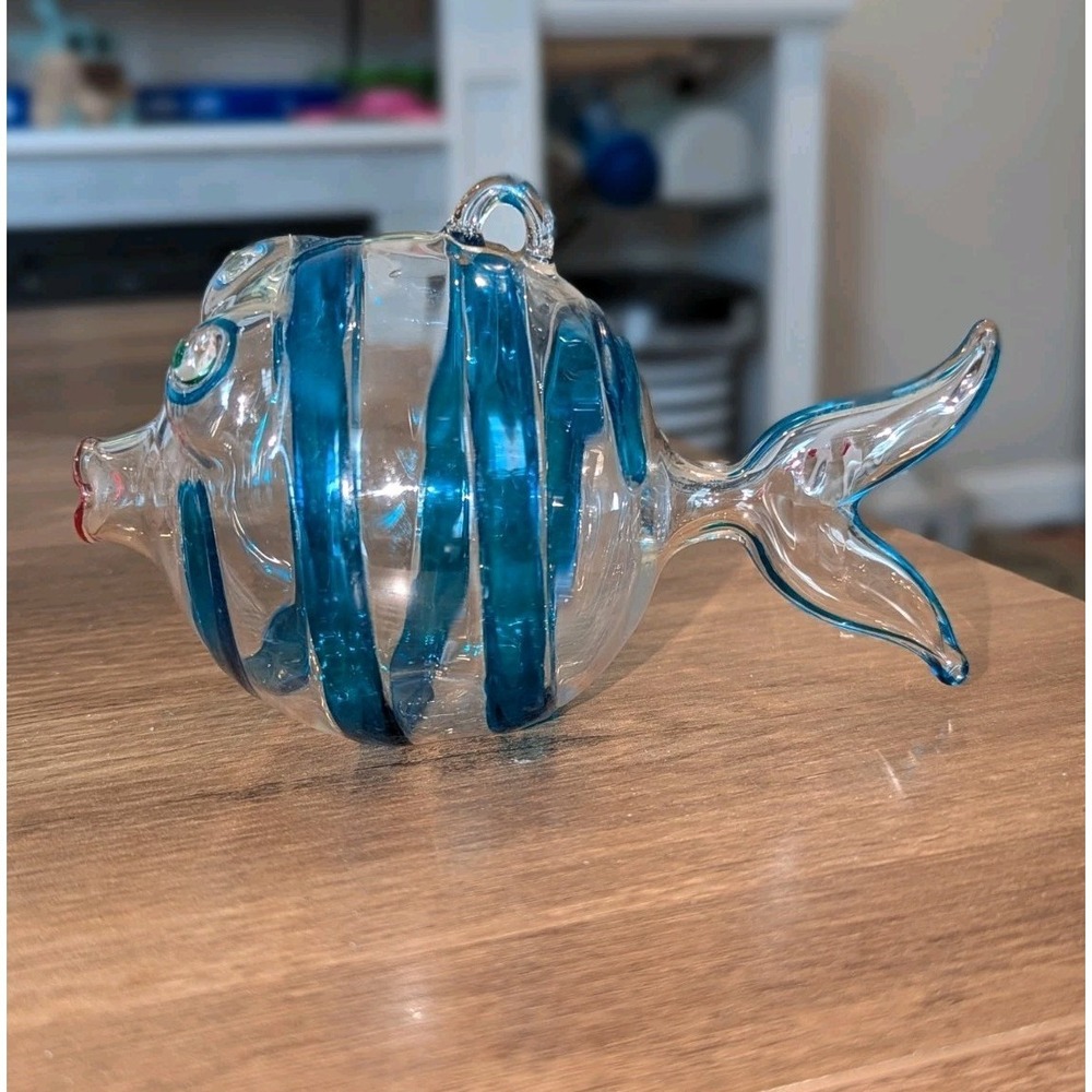 Coastal Grandmillennial Hand Blown Blue Glass‎ Fish Ornament Nautical